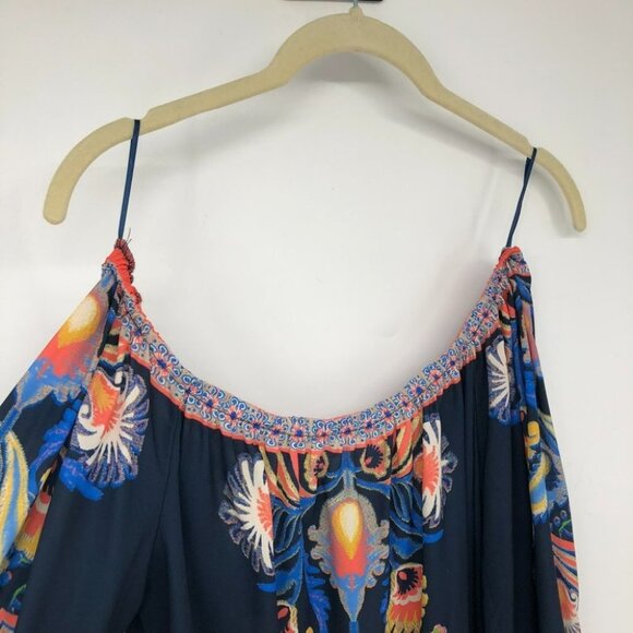 Jealous Tomato navy coral boho printed off shoulder blouse XS - Picture 5 of 11